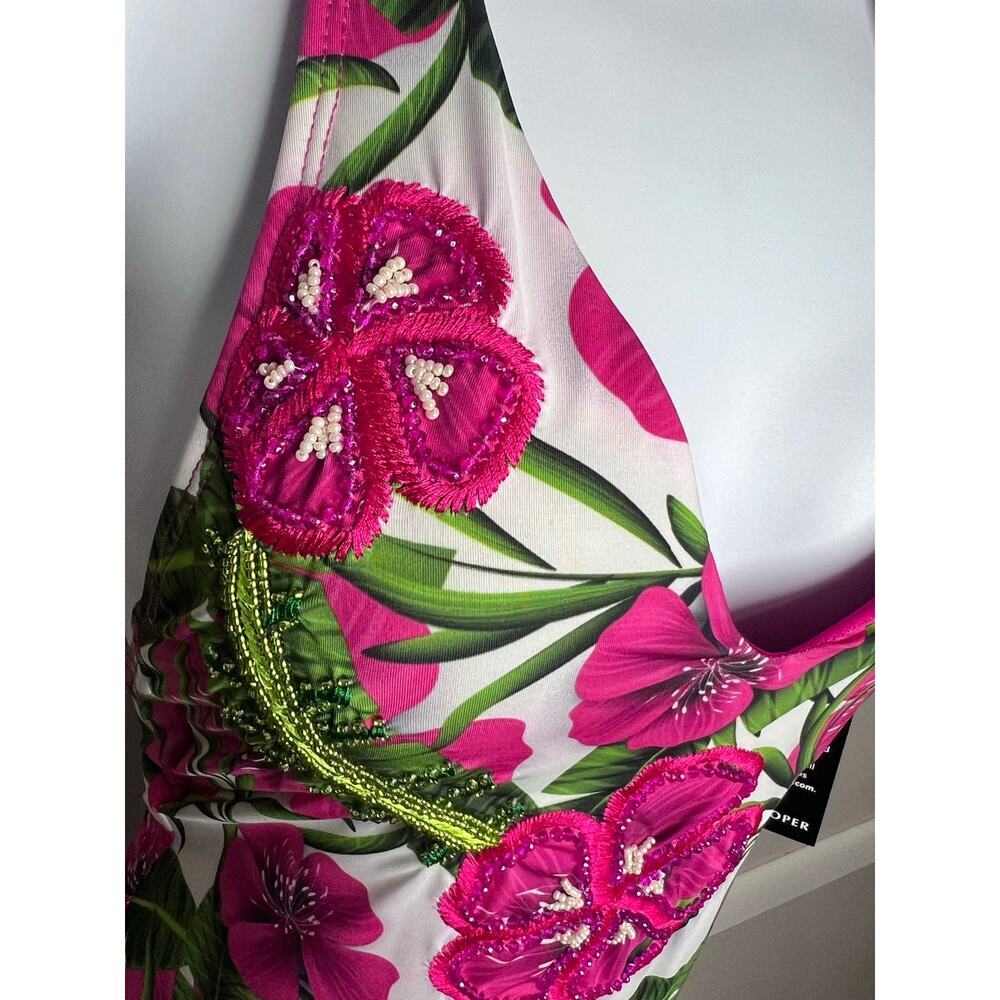 Boston Proper Tropical Floral Embellished Halter One Piece Swimsuit NWT XXS - Picture 3 of 6